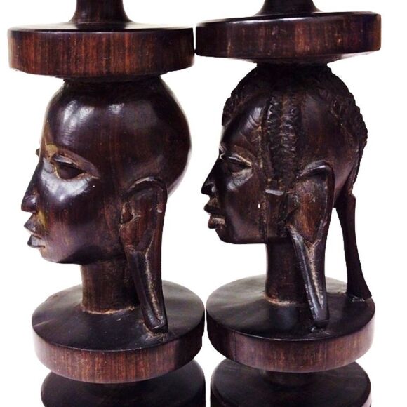 Artisan Handcrafted African Tribal Ironwood Male Female Bust Candlestick Holders - Picture 5 of 10